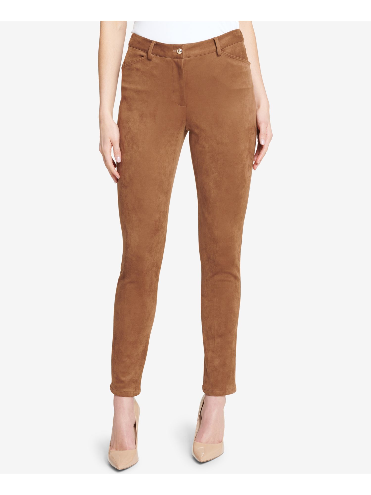 TOMMY HILFIGER $99 Womens New 1037 Brown Faux Suede Skinny Pants 16 B+B
